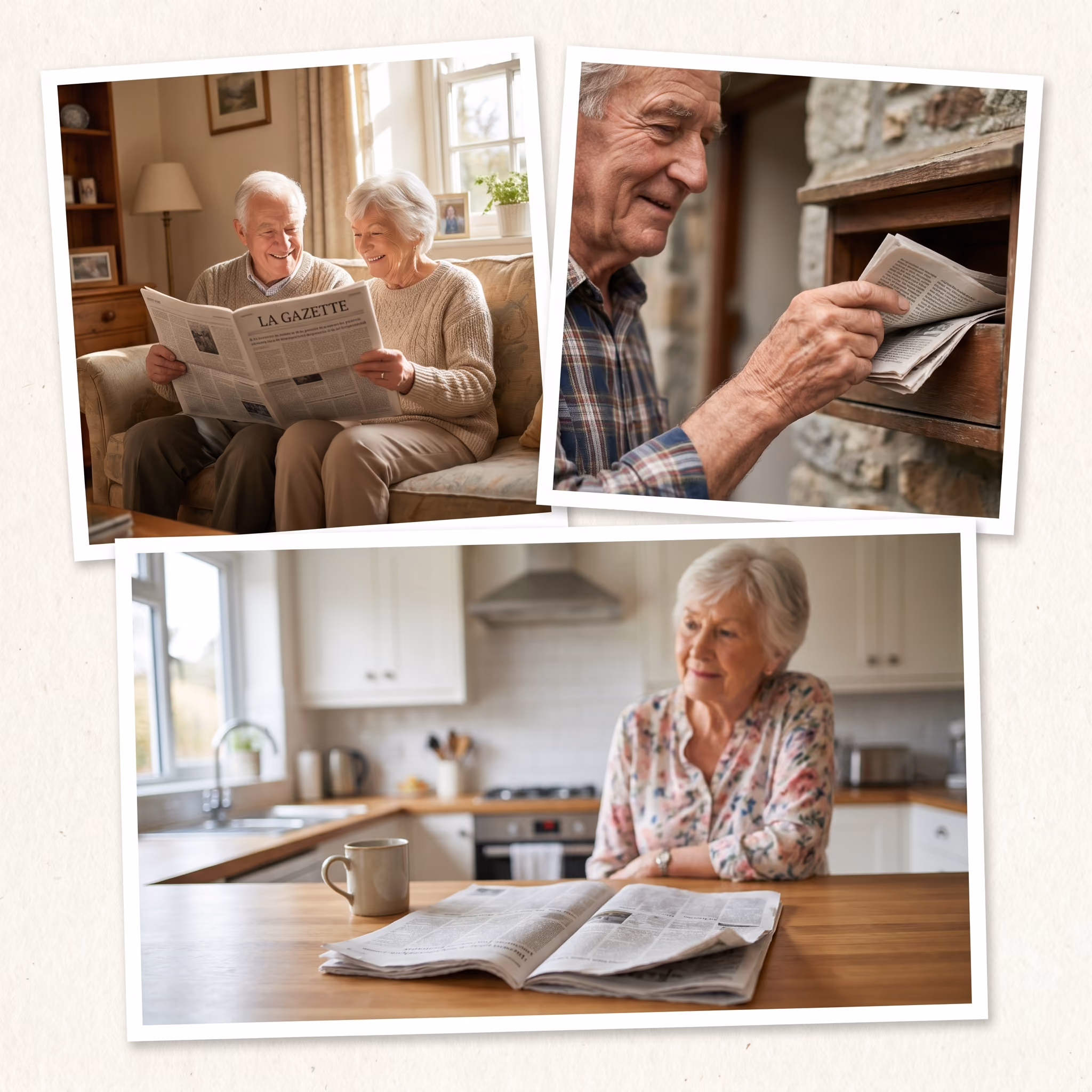Elderly couple reading newspaper, man getting paper from mailbox, woman sitting by kitchen table with paper.