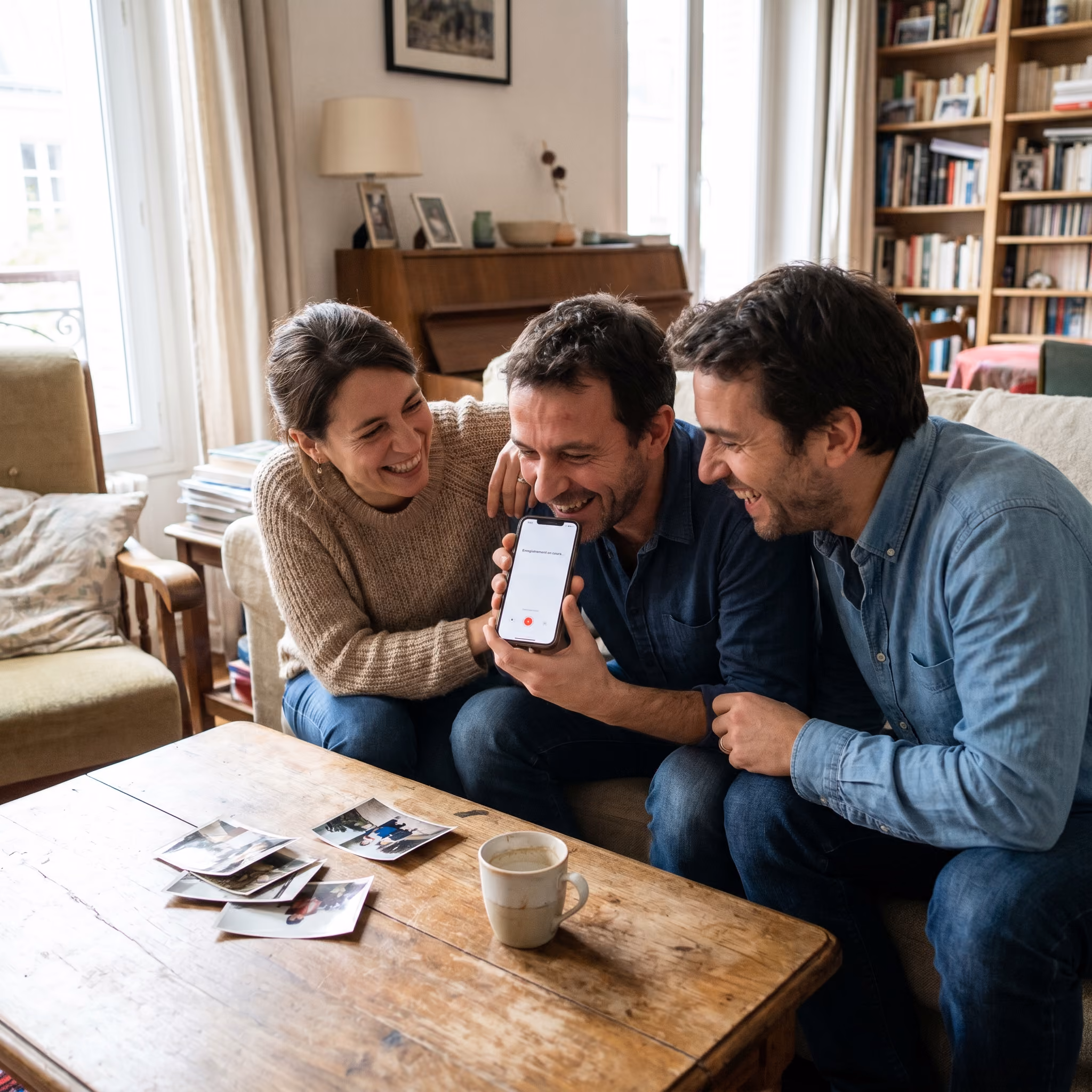 Three friends sitting on a couch laughing and sharing a phone recording a voice message in a cozy living room.