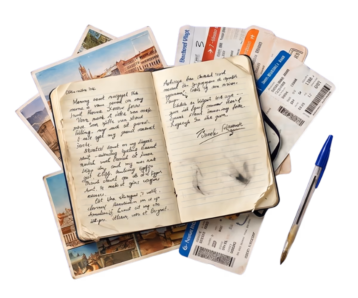 Open handwritten travel journal with postcards, boarding passes, and a blue pen on white background.
