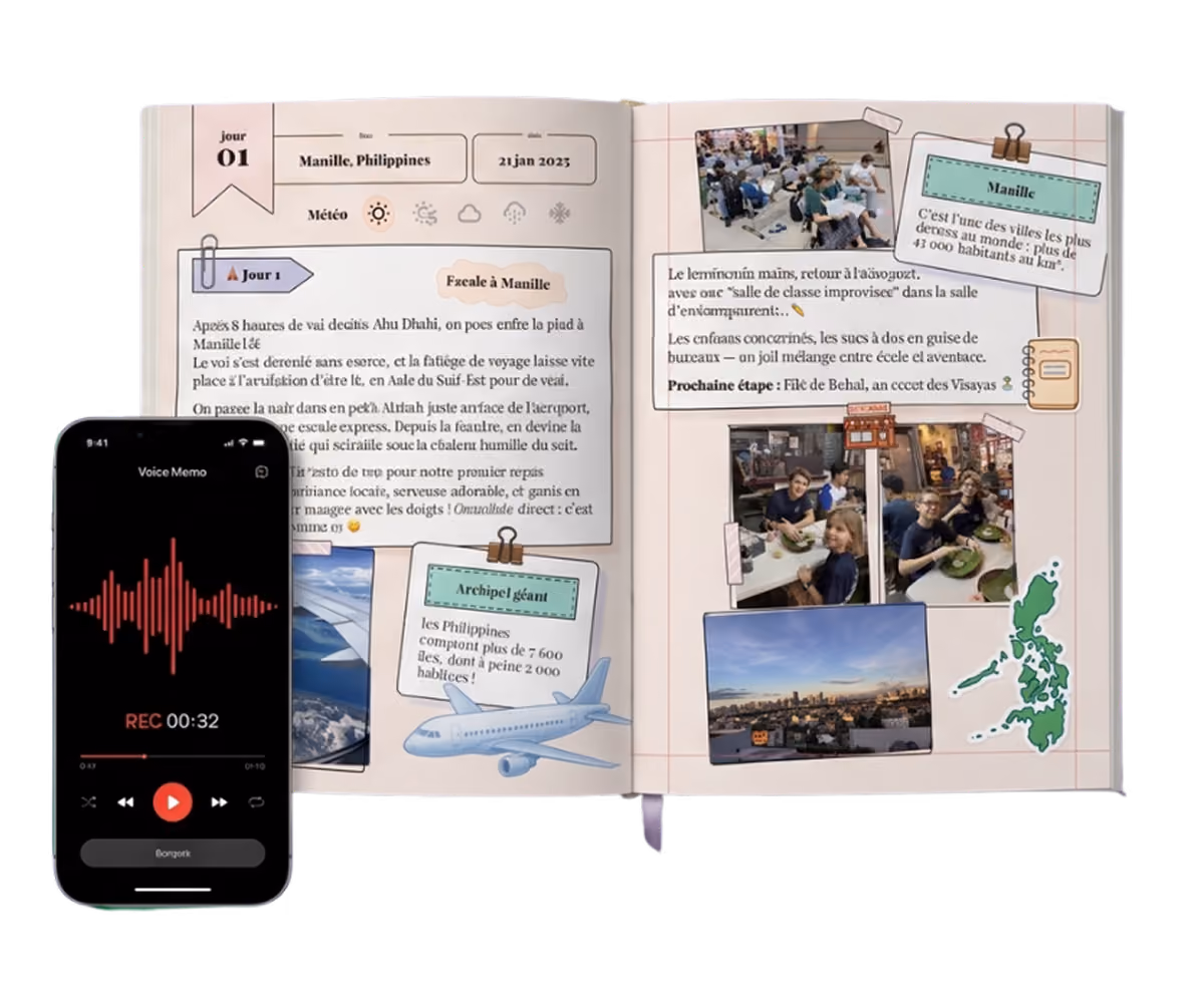 Open travel journal showing notes, photos of Manila, Philippines, and a mobile recording app with voice memo.