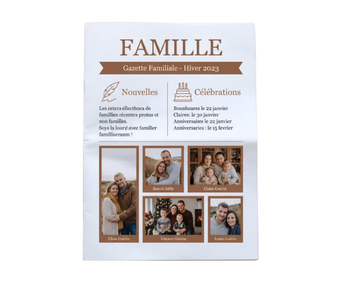 Family newsletter cover titled Famille with photos of couples and families and winter 2023 celebrations in French.