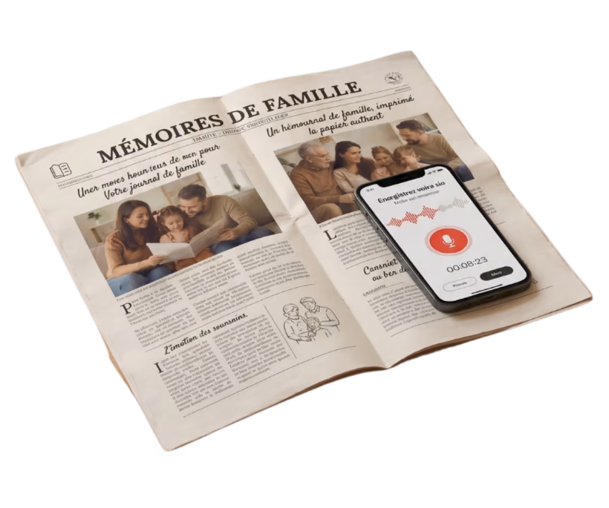 Open newspaper titled Mémoires de Famille with family photos and smartphone showing a voice recording app.