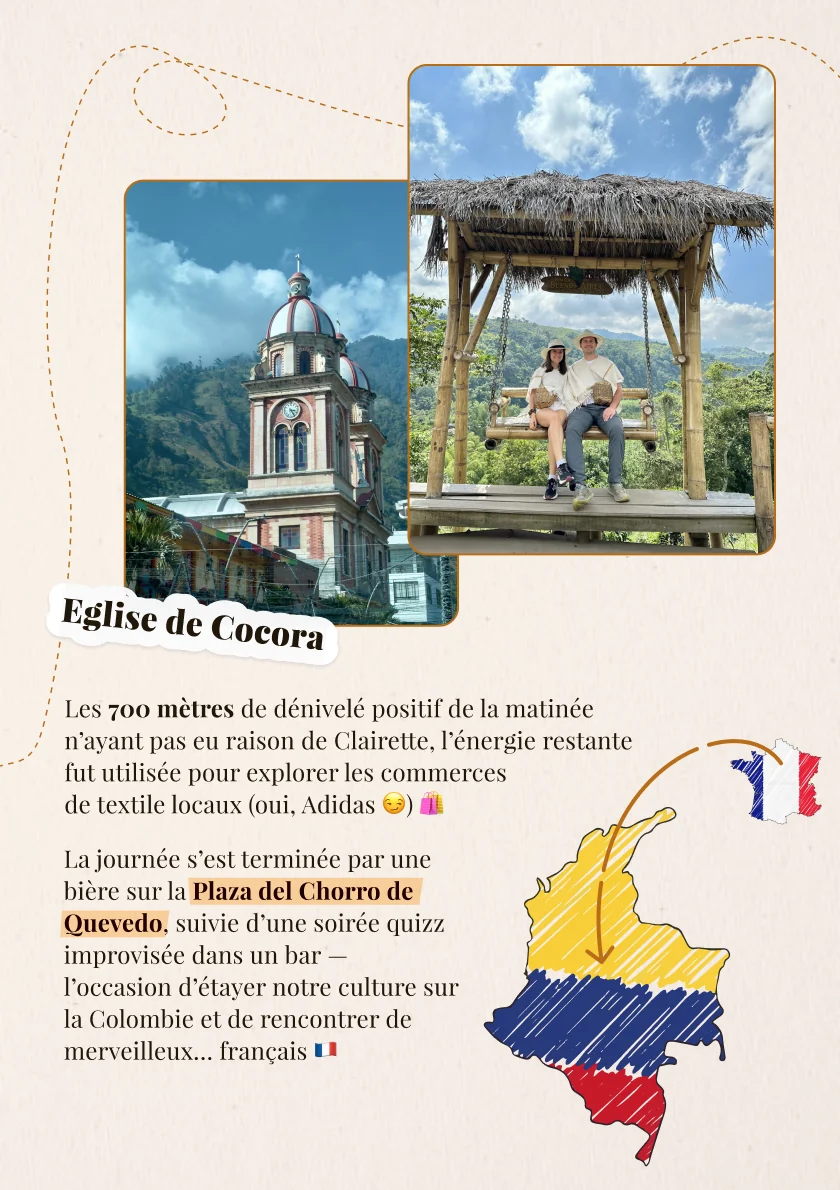 Page de carnet de voyage racontant une journée en Colombie, avec photos