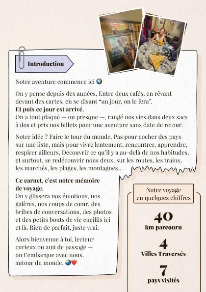 Page d’introduction d’un carnet de tour du monde avec photos et chiffres clés du voyage