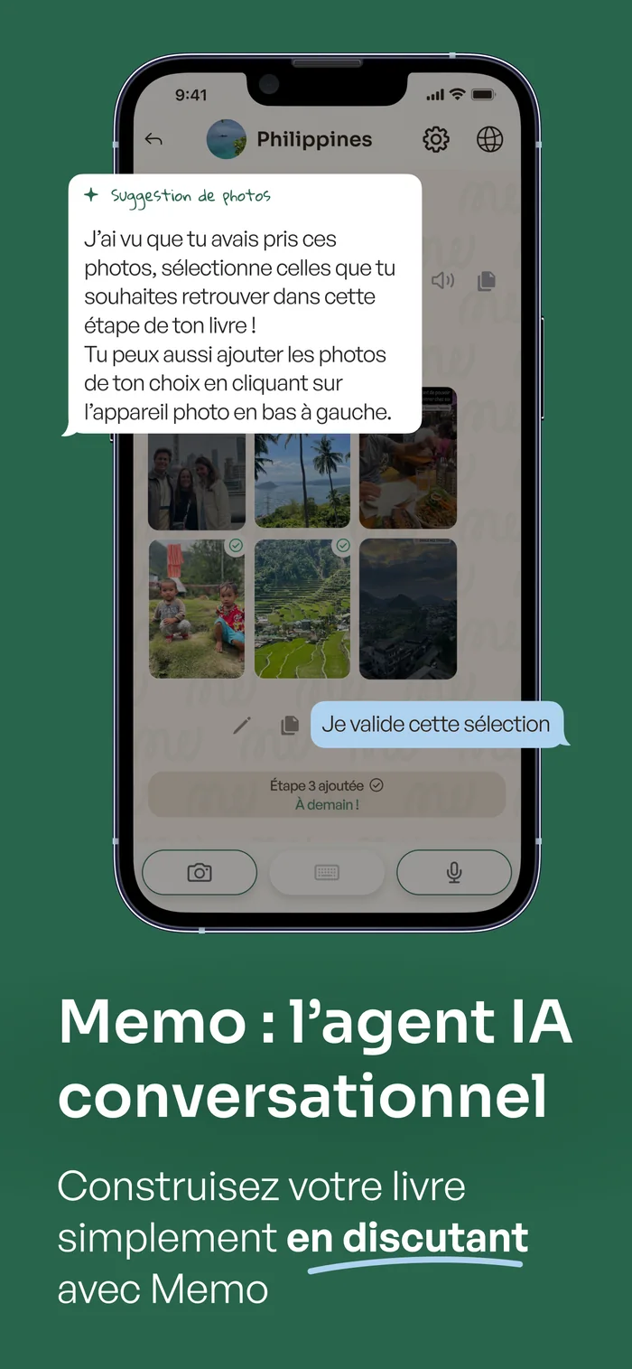 Écran de l’app MemoBook : la conversation avec Memo, qui suggère des photos