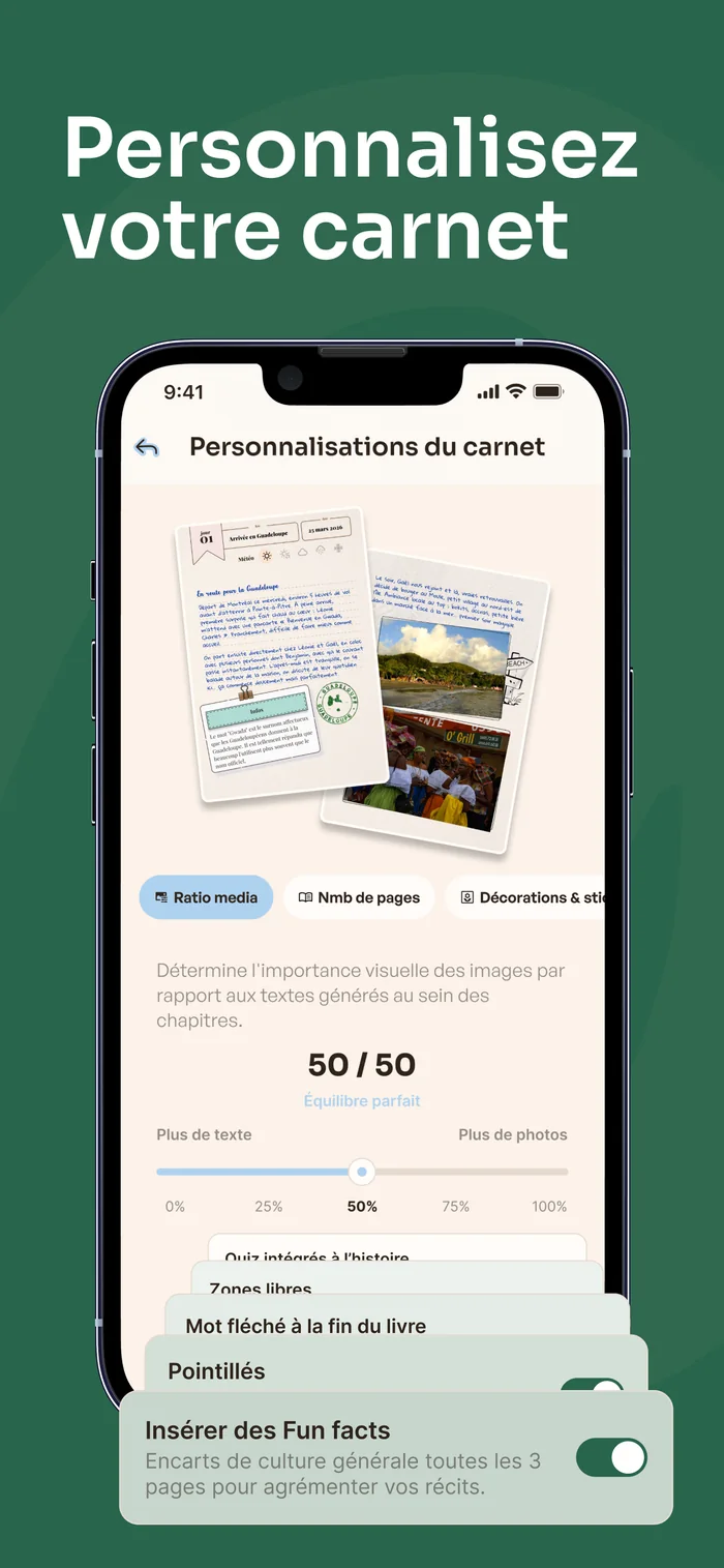 Écran de l’app MemoBook : les réglages de personnalisation du carnet