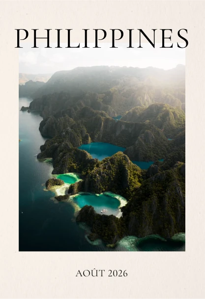 Couverture d’un carnet de voyage MemoBook : le titre « Philippines » sur une photo de lagune