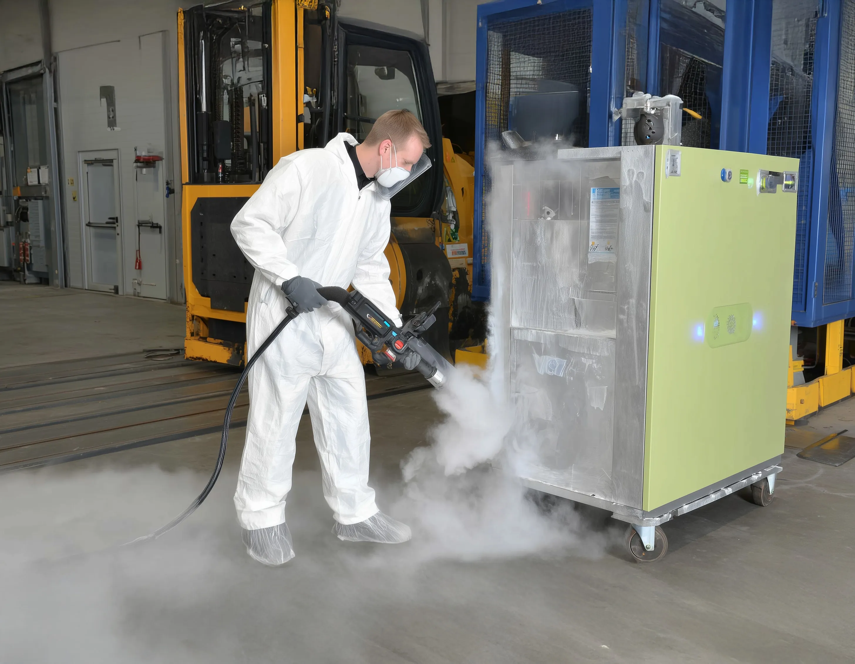 Person in weißem Schutzanzug und Maske versprüht Desinfektionsmittel in einer industriellen Umgebung.