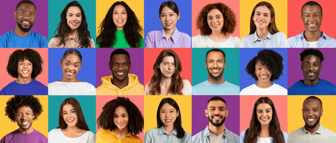Grid of 20 diverse smiling people of various ethnicities against colorful backgrounds.