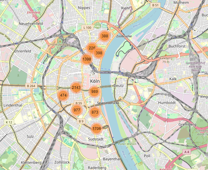 Karte der Kölner Innenstadt mit vielen Roten Punkte, in denen Zahlen stehen.