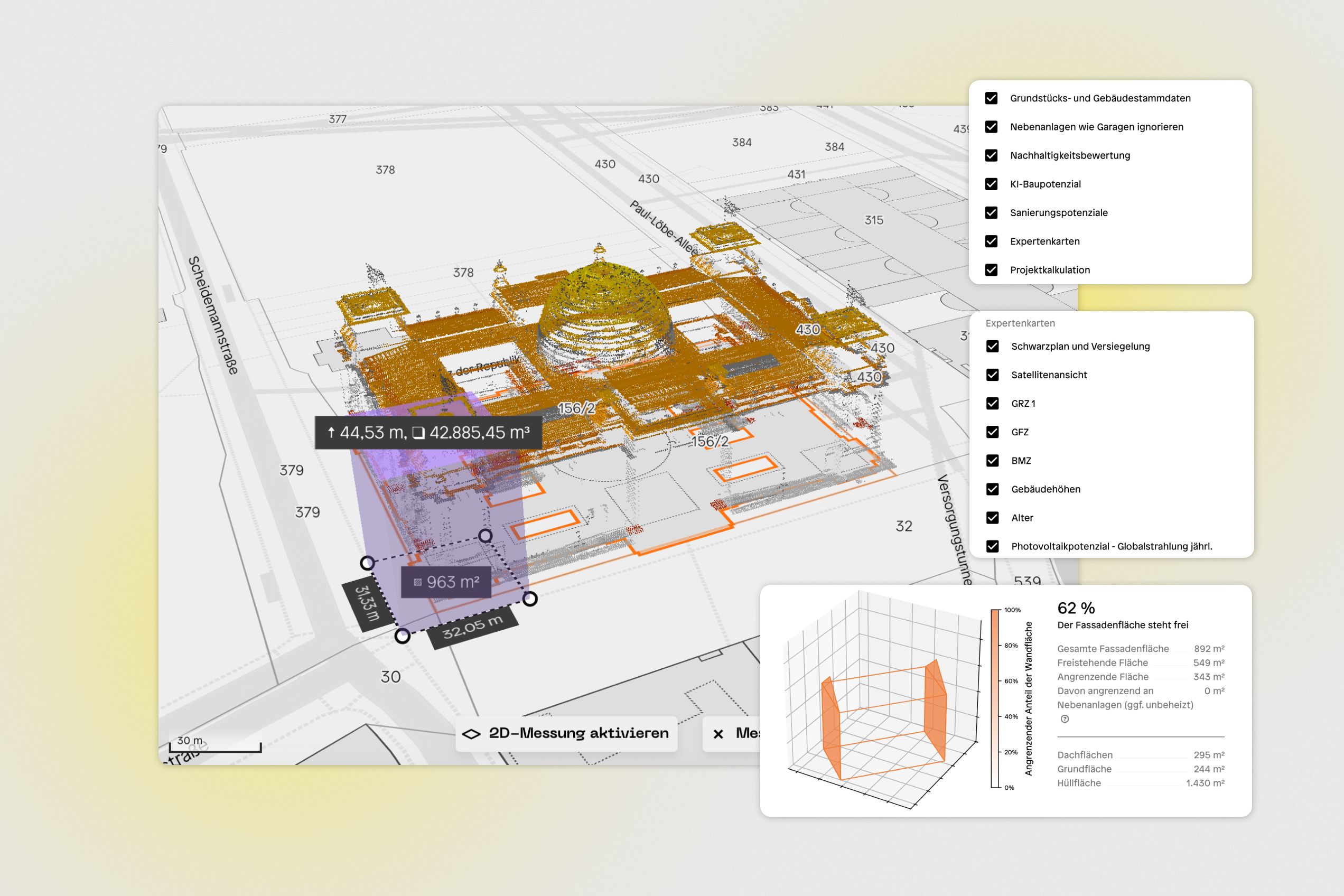 Das Reichstagsgebäude in der syte App wird um einen mit dem 3D Werkzeug gezeichneten Block ergänzt.