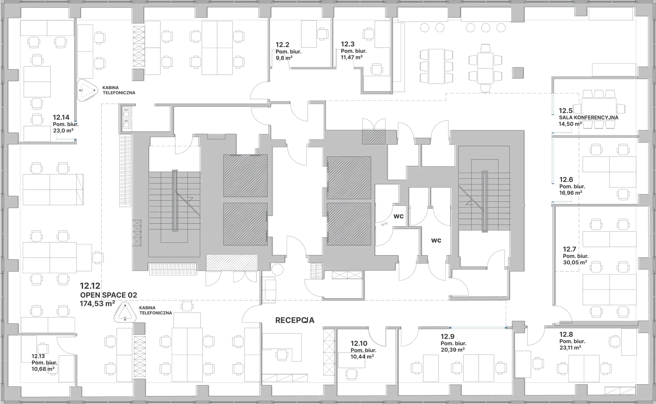 Plan biura z różnymi oznaczonymi pomieszczeniami, takimi jak recepcja, open space, kabiny telefoniczne, sale konferencyjne oraz wiele pokoi biurowych o różnych rozmiarach.