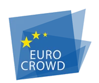 Blue overlapping squares with three yellow stars and the text EURO CROWD.