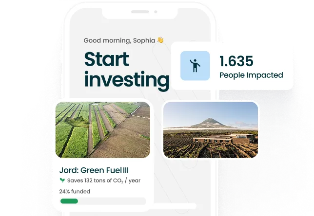 Smartphone screen showing investing app with project progress and people impacted stats.