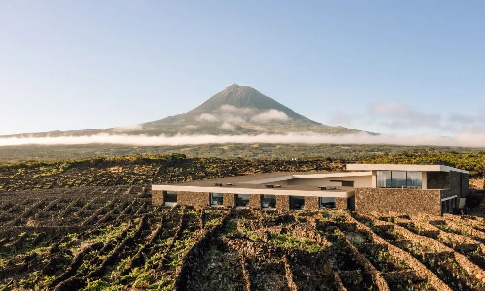 Modern stone building in terraced fields with a volcanic mountain in the background under a clear sky.