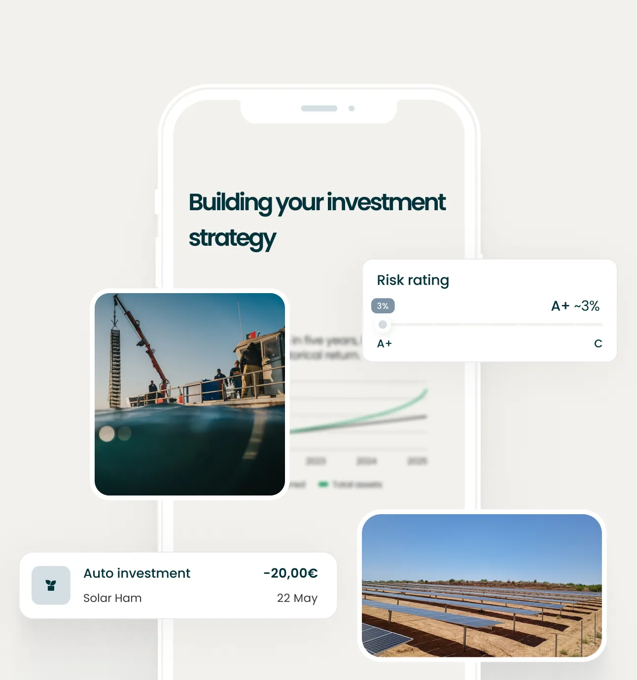 Mobile screen showing investment strategy with risk rating, solar energy investments, and solar panel fields.