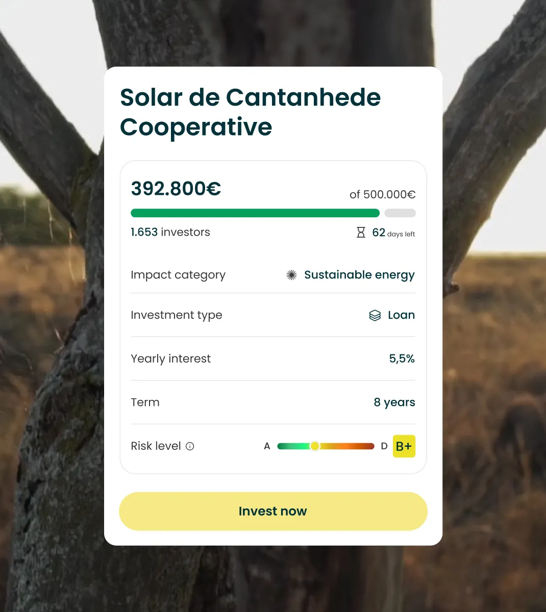 Investment panel for Solar de Cantanhede Cooperative showing amount raised, investors, term, risk, and invest button.