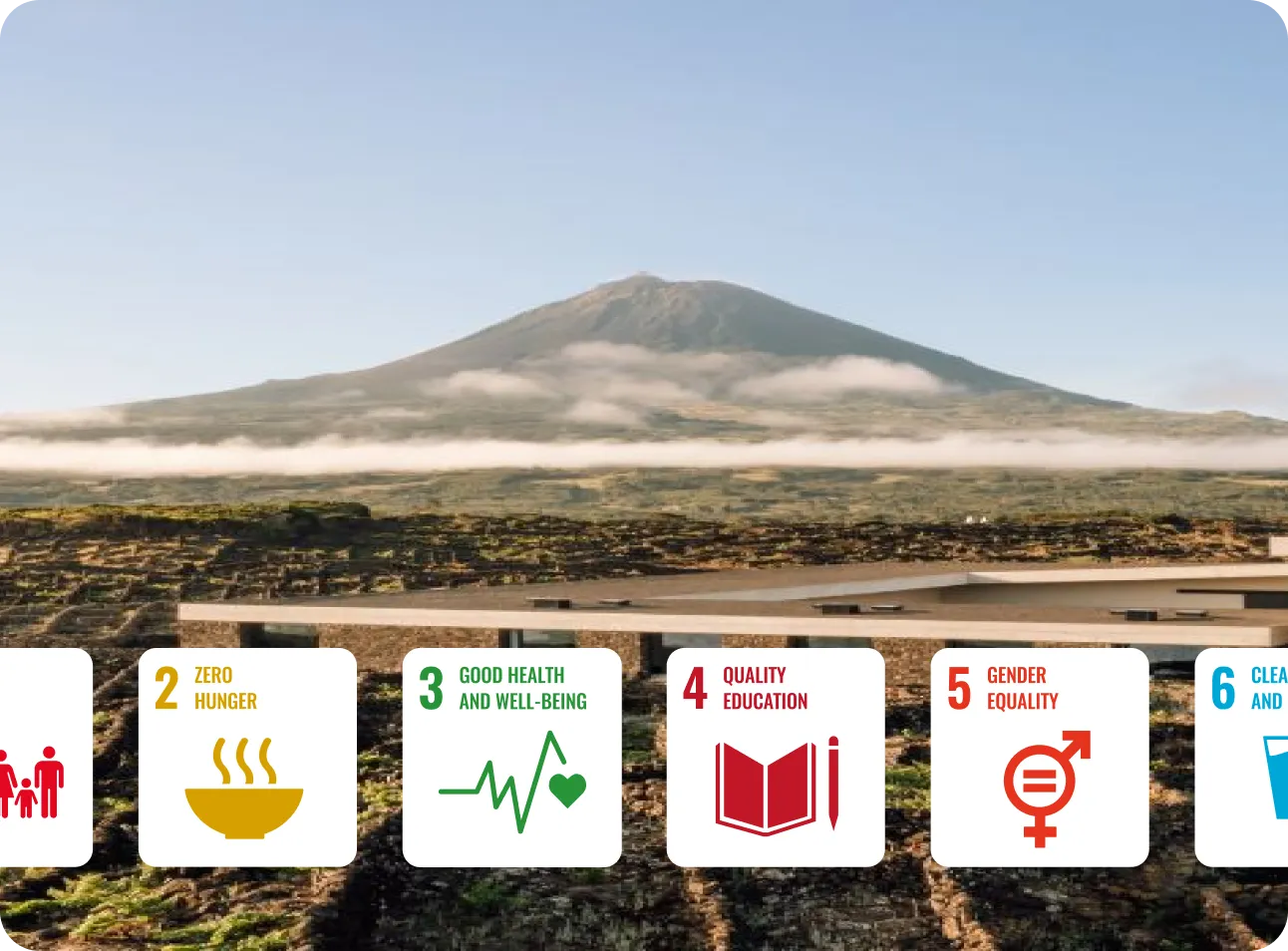 Mountain with low clouds above green field and icons for zero hunger, health, education, gender equality goals.