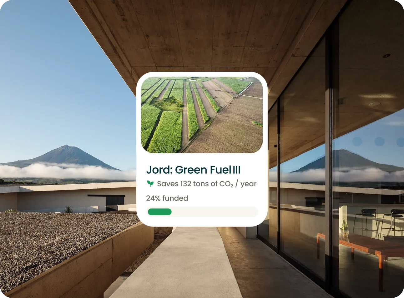 Card showing aerial farmland image, titled Jord Green Fuel III, saving 132 tons CO2/year, 24% funded.