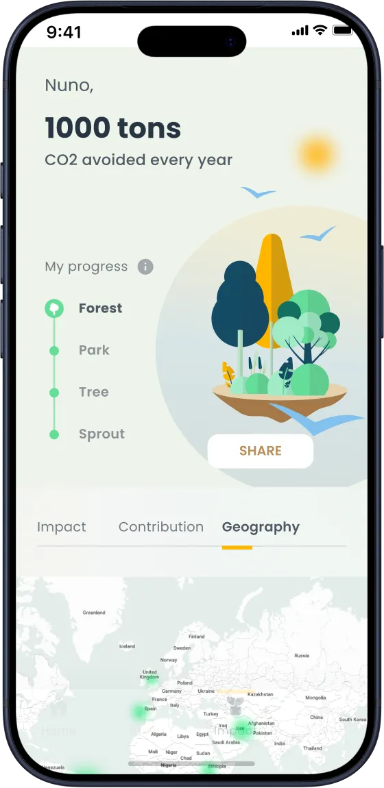 App screen showing 1000 tons CO2 avoided yearly with progress steps and a world map under geography tab.
