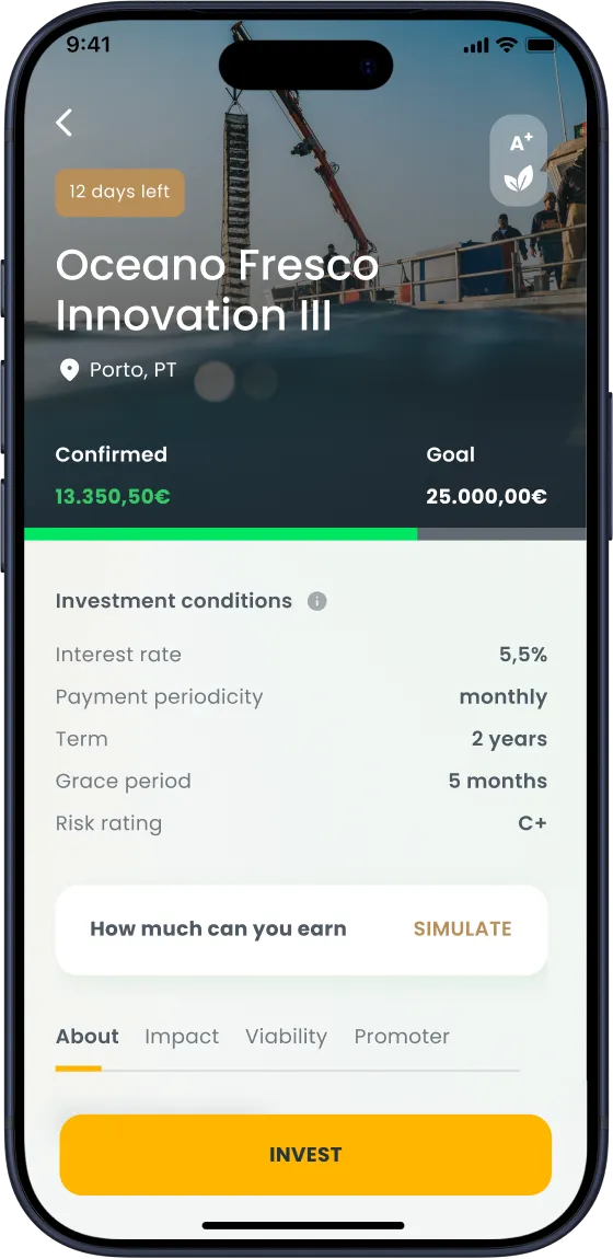 Mobile screen showing investment opportunity for Oceano Fresco Innovation III in Porto with details and invest button.