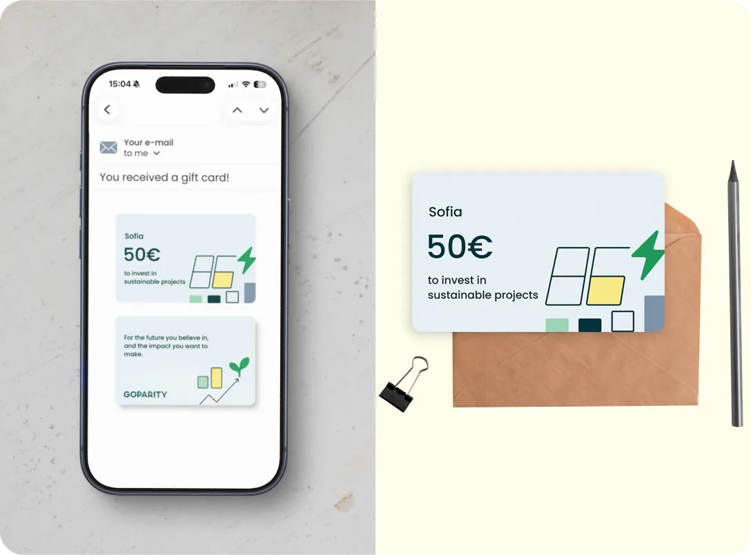 Smartphone showing an email with a 50€ gift card for sustainable projects and a physical card next to an envelope.