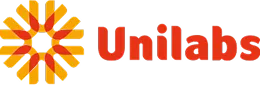 Unilabs logo with geometric design and orange text.