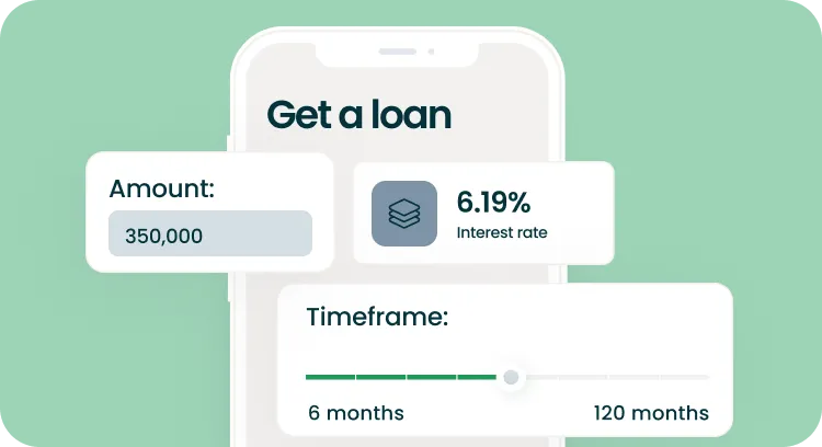 Mobile screen showing loan details with amount 350,000, interest rate 6.19%, and a 6 to 120 months slider.
