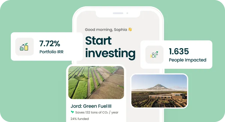 Investment app interface showing portfolio IRR 7.72%, 1,635 people impacted, and green fuel projects.