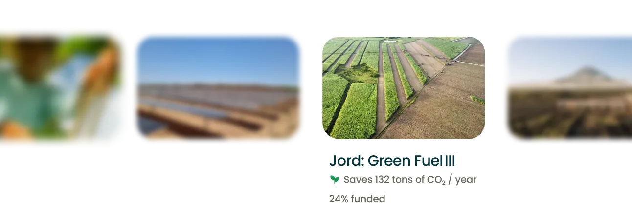 Aerial view of farmland with green crops and soil, titled Jord Green Fuel saving CO2 emissions.