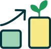 Graphic of two bars with an arrow pointing upward, showing growth and a sprout on the taller bar.