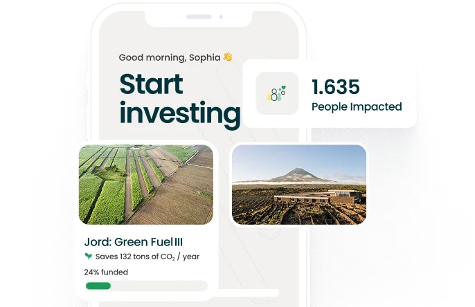 Mobile screen showing investing app with Green Fuelll project and 1,635 people impacted.