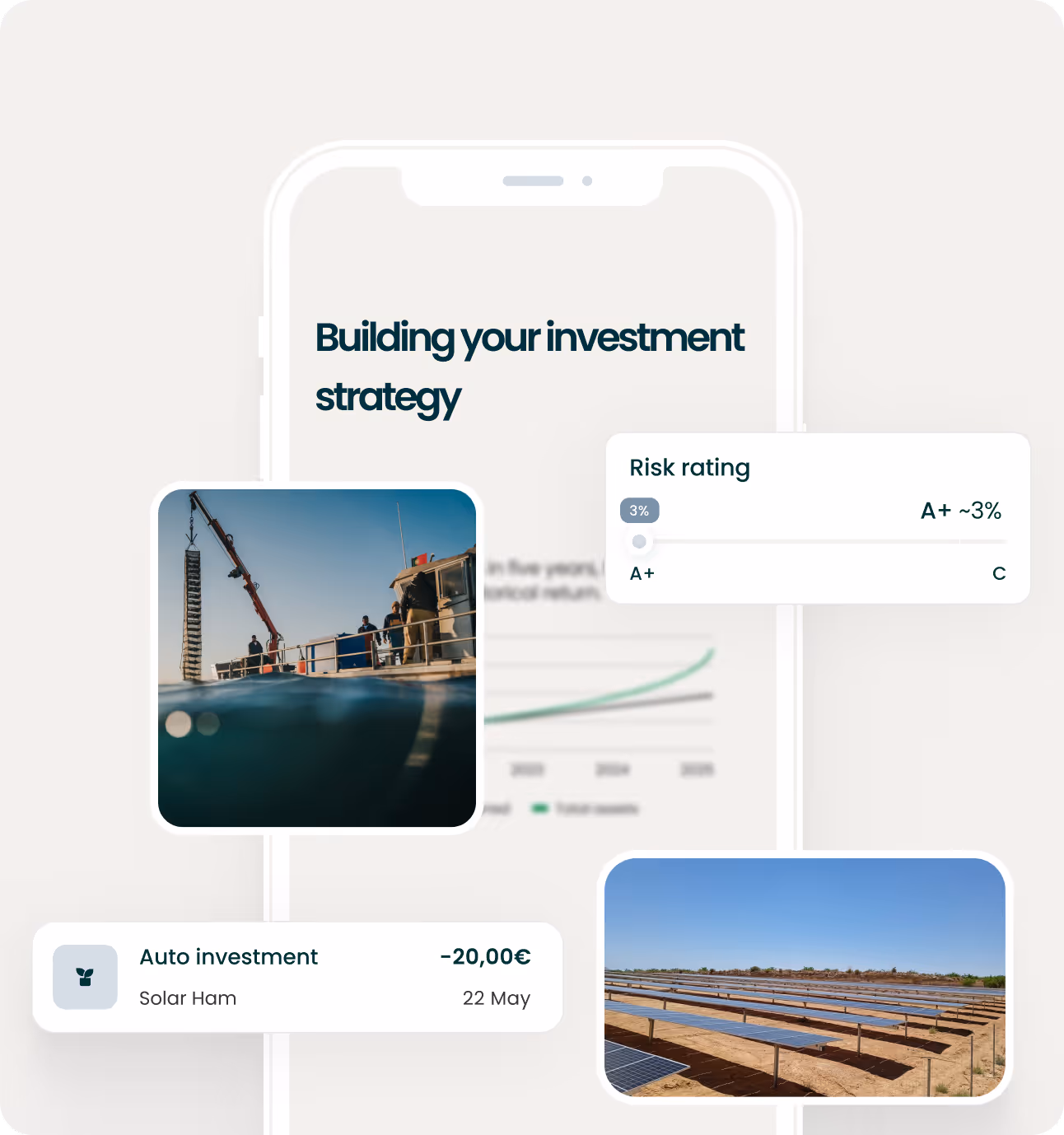 Investment strategy app screen with risk rating, auto investment info, and photos of solar panels and a boat crane.