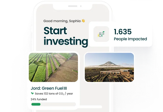 Mobile app interface showing investment in green fuel projects saving CO2 and people impacted data.