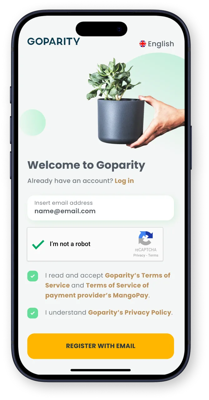 Mobile sign-up screen for Goparity with email input, CAPTCHA, terms acceptance, and register button.
