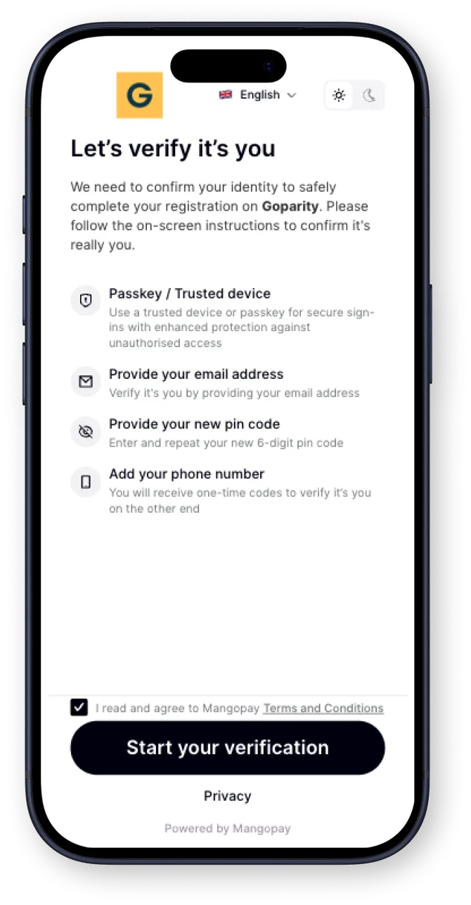 Mobile sign-up screen for Goparity with email input, CAPTCHA, terms acceptance, and register button.