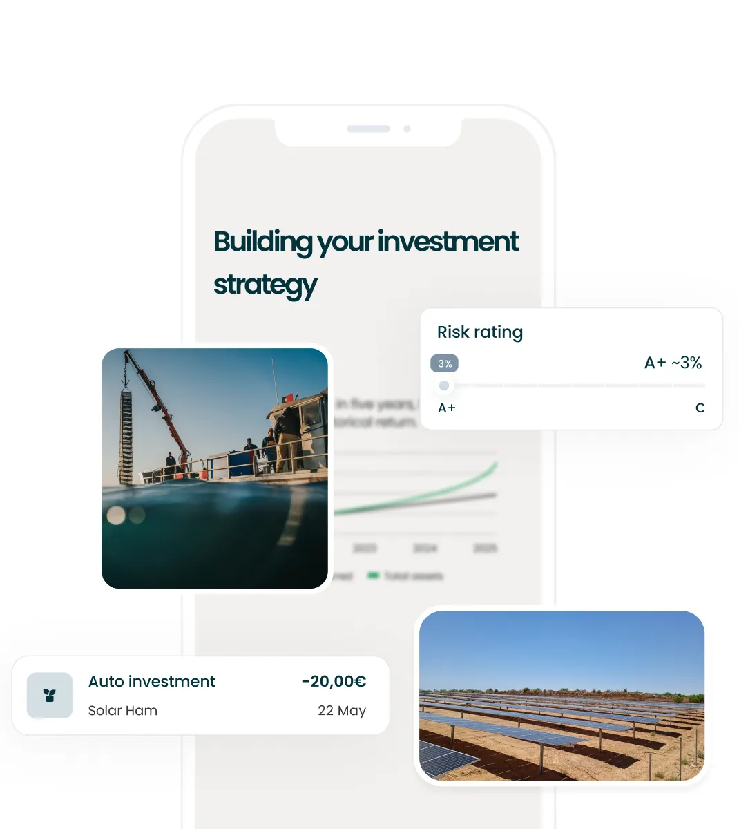 Mobile screen with investment strategy text, risk rating chart, crane with workers, and solar panel farm images.
