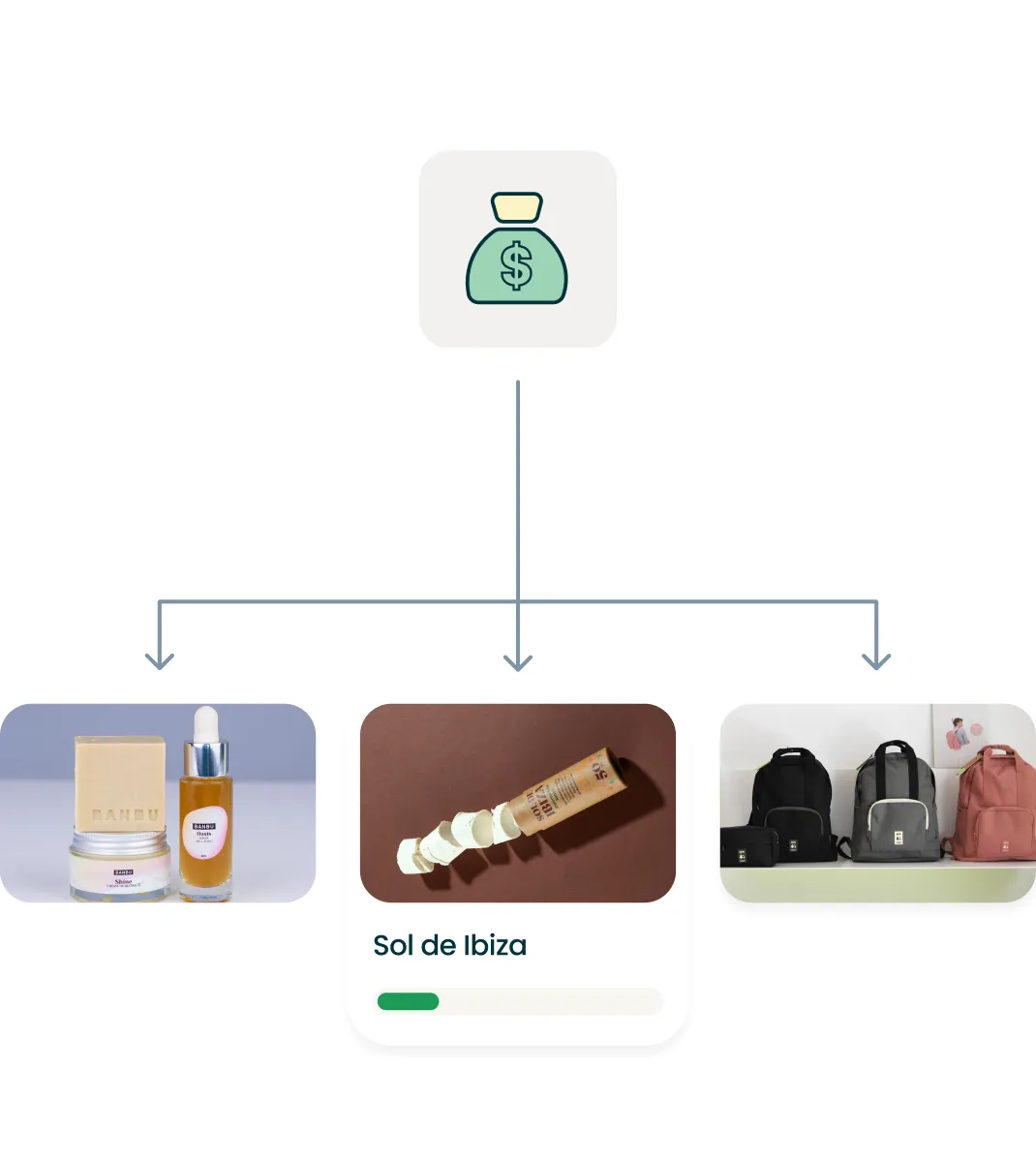 Money bag icon branching to images of skincare products, sunscreen, and backpacks on white background.