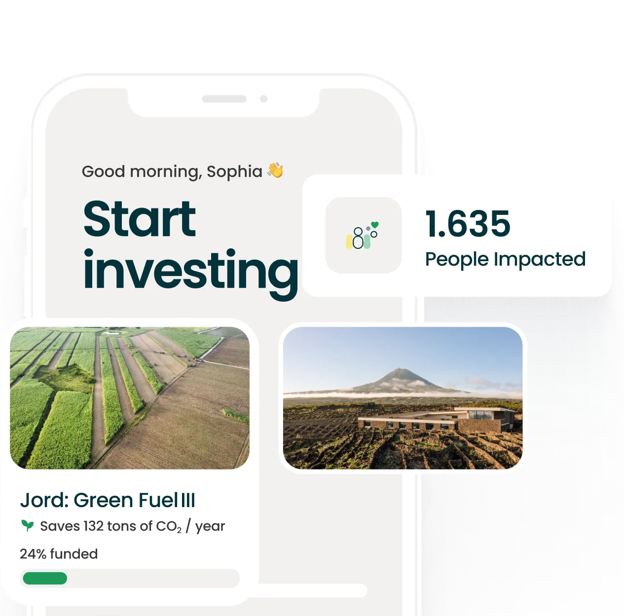 Mobile screen showing investment app info on green fuel project saving CO2 with images of fields and a mountain.
