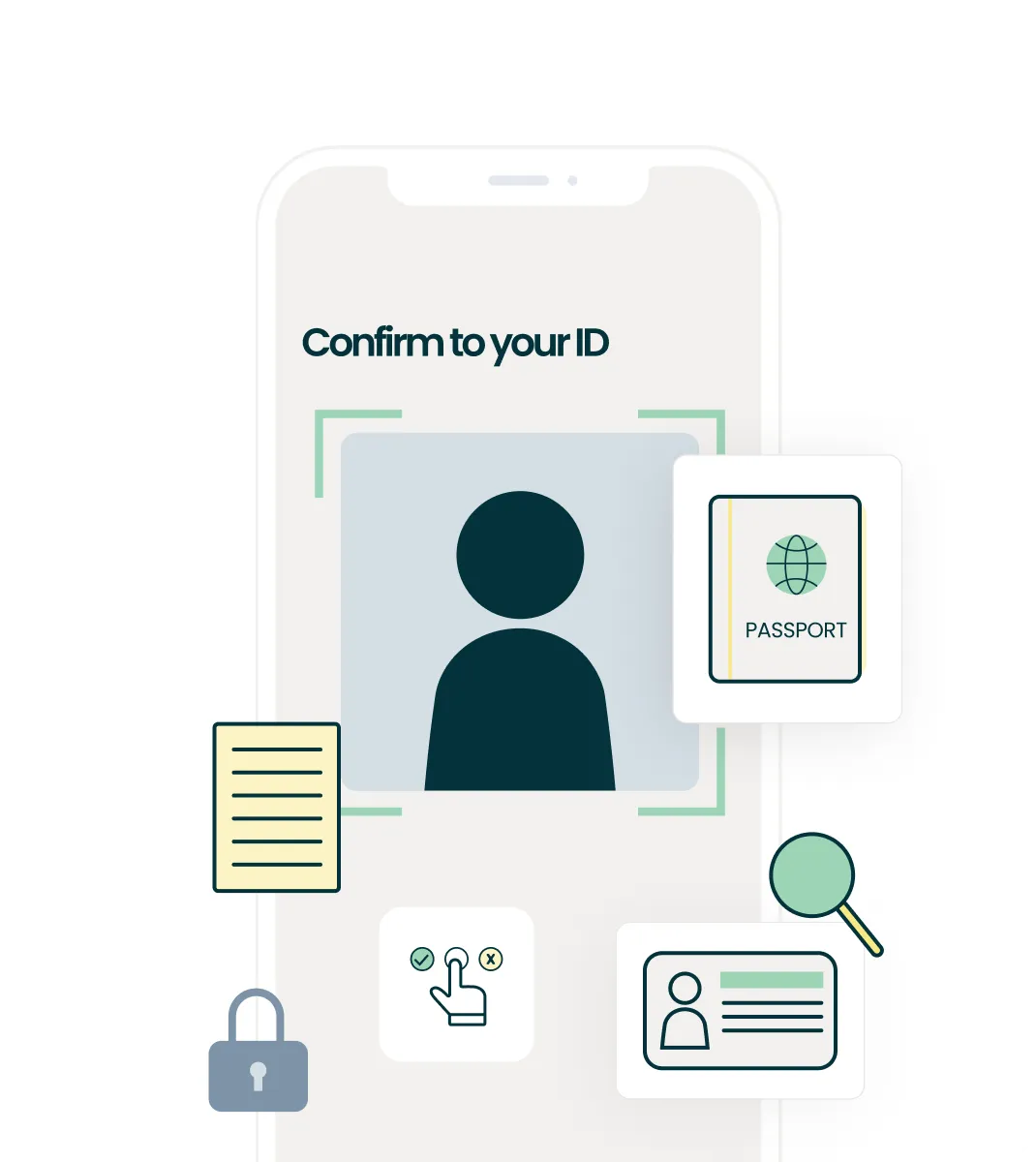 Mobile screen showing ID confirmation with icons for passport, ID card, documents, and security lock.