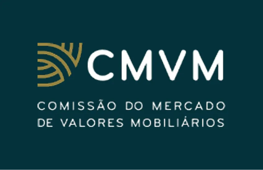 Logo of CMVM Comissão do Mercado de Valores Mobiliários on dark background.