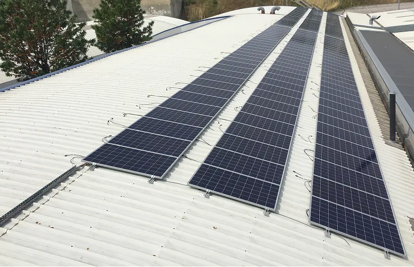 Rows of solar panels installed on a white corrugated metal roof with trees and buildings nearby.