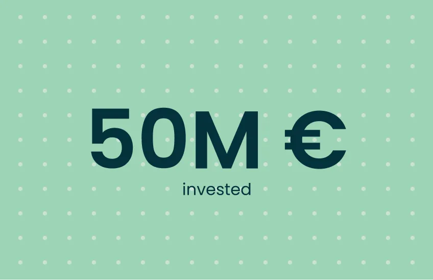 Text showing 50 million euros invested on a green background with dotted pattern.