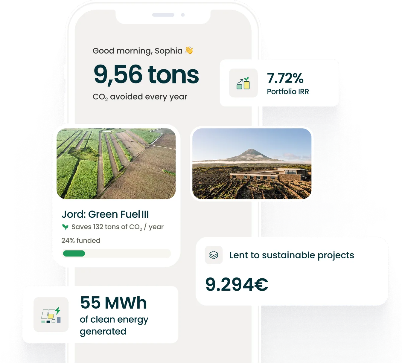 Smartphone screen showing 9.56 tons CO2 avoided yearly, 7.72% portfolio IRR, and clean energy stats.