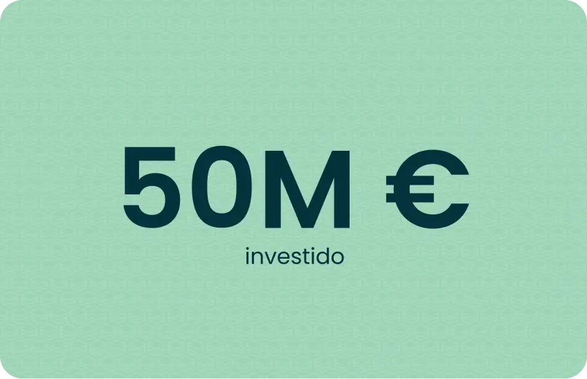 Text showing 50 million euros invested on a green background with dotted pattern.