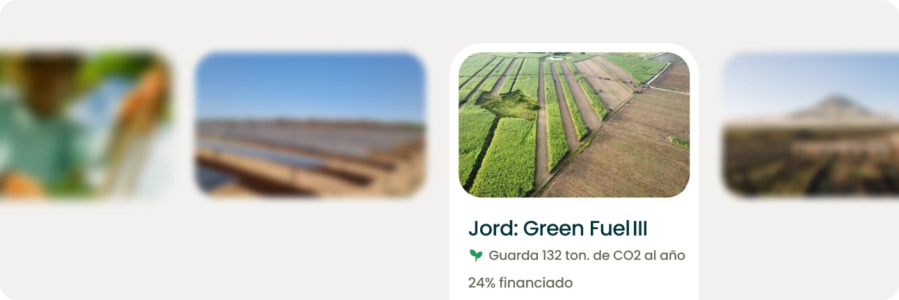 Aerial view of farmland with green crops and soil, titled Jord Green Fuel saving CO2 emissions.