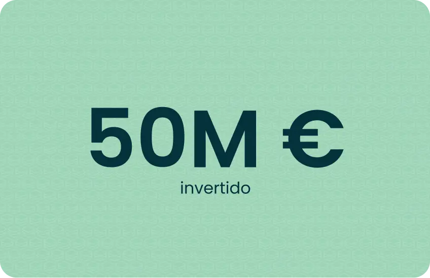 Text showing 50 million euros invested on a green background with dotted pattern.