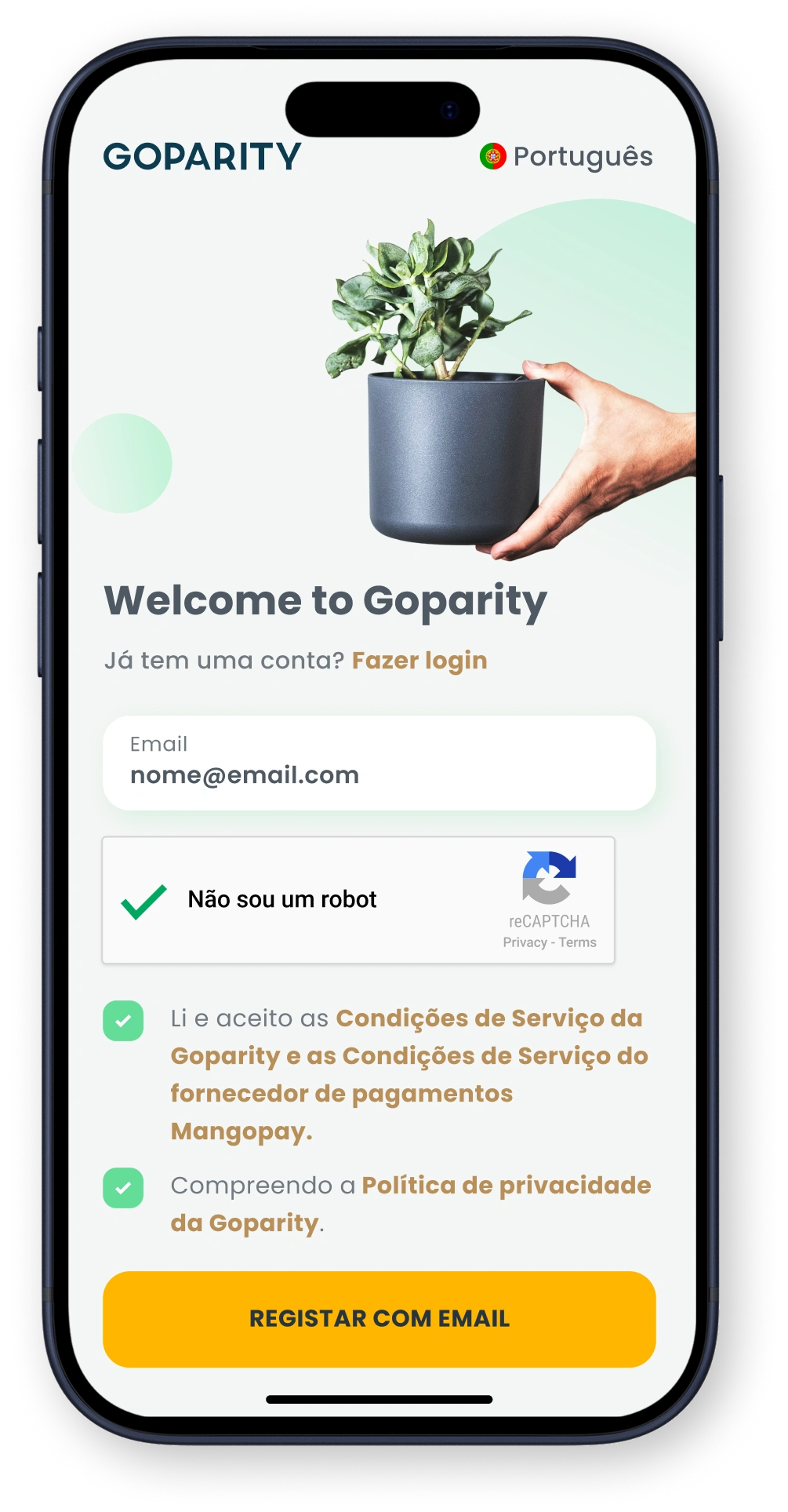 Mobile sign-up screen for Goparity with email input, CAPTCHA, terms acceptance, and register button.