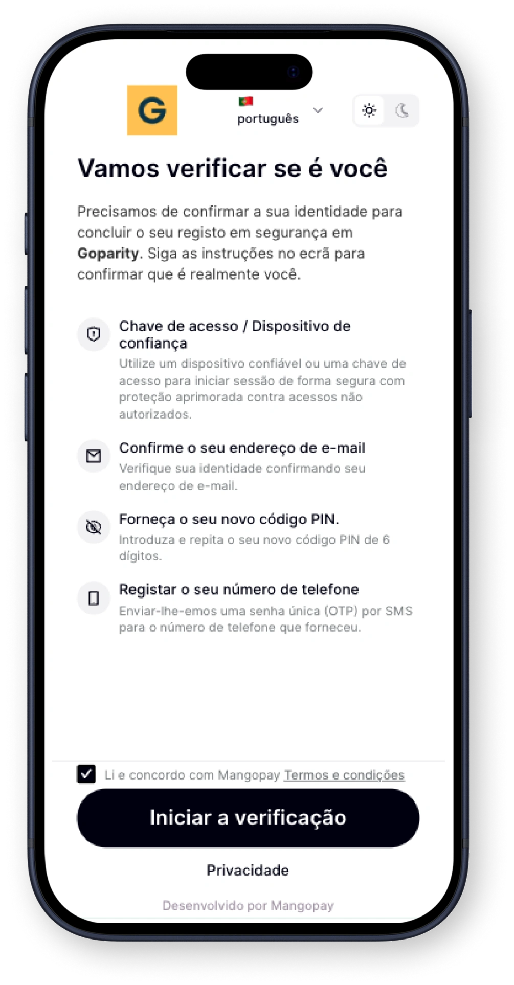 Mobile sign-up screen for Goparity with email input, CAPTCHA, terms acceptance, and register button.