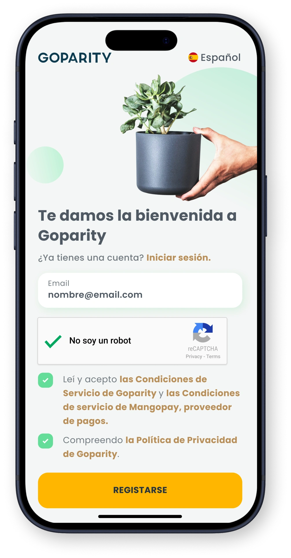 Mobile sign-up screen for Goparity with email input, CAPTCHA, terms acceptance, and register button.
